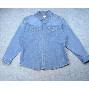 Wrangler Pearl Snap Denim Shirt Mens XL Blue Jean Western Rodeo Work Wear Yoke